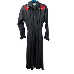Lilia Smitty Western Rodeo Maxi Dress Black Red USA Cotton 9/10 VTG